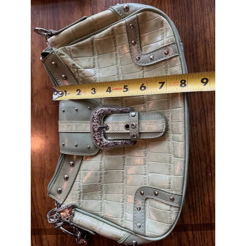 M.C Sage Green Croc Embossed Shoulder Bag | Rhinestone Western Buckle Studded